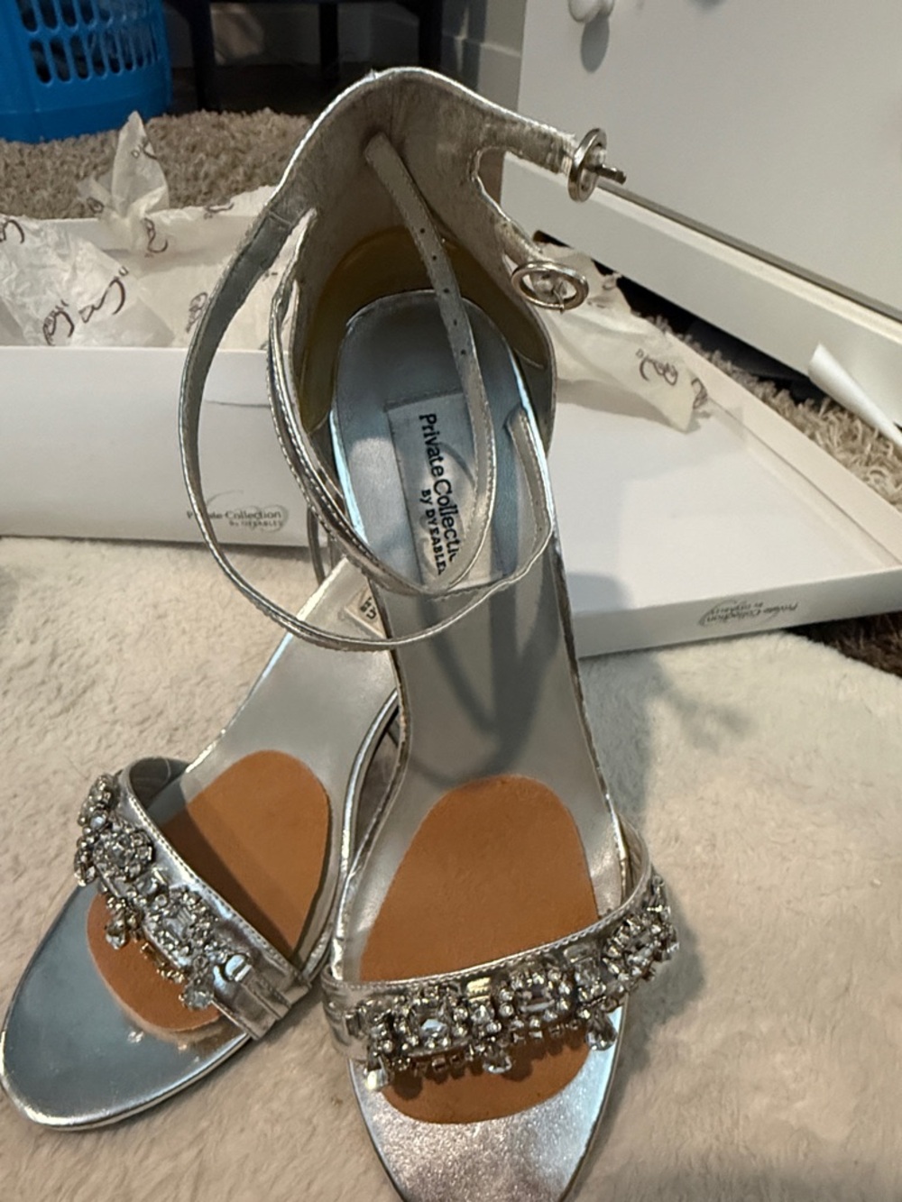 Silver Jeweled Ankle-Strap Heels by Private Collection